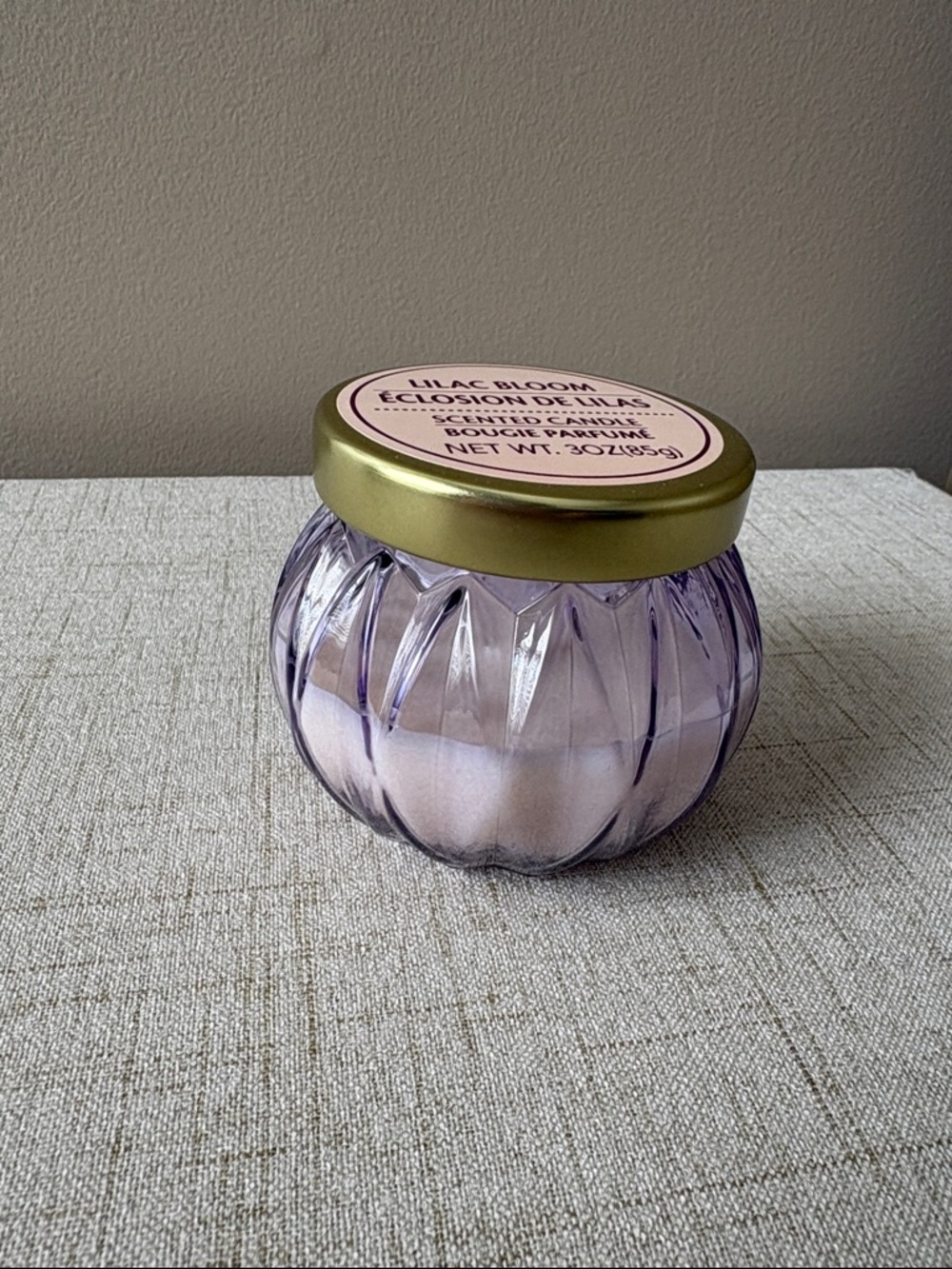 Lilac Bloom Scented Candle in Purple Glass Jar with Gold Lid